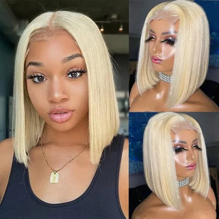 QVR 613 Blonde Short Bob Wigs T Lace 13x4 Straight Human Hair Lace Front Bob Wig