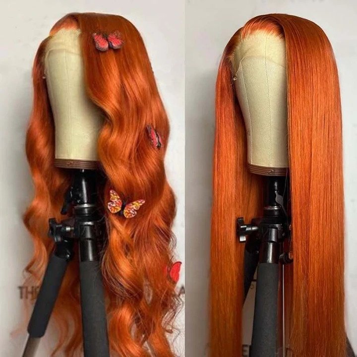 Queen Virgin Remy Ginger Orange Straight 13 X6 Lae Frontal Human Hair Fake Scalp Middle Part Lace Part Wig for Black Women, 100% Brazilian Virgin Hair Pre Plucked with Baby Hair 200% Density