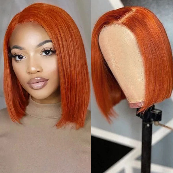 QVR Ginger Short Bob Wigs 4x4 13x4 Straight Human Hair Wig 180% Lace Front Orange Wigs