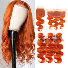 QVR Body Wave Hair Bundles Avec Fermeture Remy Hair 3 Bundles avec Frontal Orange Ginger Color 