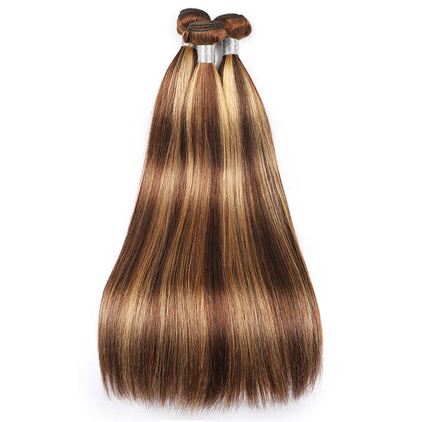 Honey Blonde Highlight Straight Hair 3 Bundles avec 4x4 Lace Closure