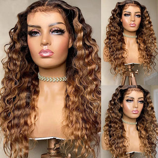 QVR Loose Deep Wigs Virgin Human Hair Brown Blonde Wig 13x4 Lace Front Wigs Highlights 30 Inch