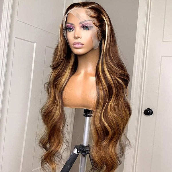 Honey Blonde Highlight Lace Front Wigs Body Wave Perruque de cheveux humains 13x4 HD Lace Frontal Wigs