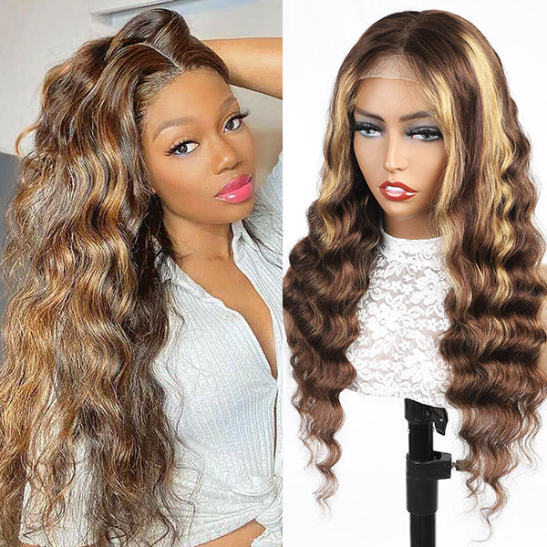 Highlight Wigs Loose Deep 4*4 Lace Closure Wigs Human Hair Wigs with Highlights HD Transparent Lace Wig