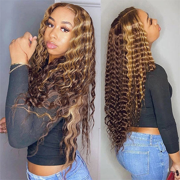 QVR 30Inch Highlight Perruques Deep Wave 13x4 HD Lace Front Perruques Ombre Miel Blonde Perruques de Cheveux Humains
