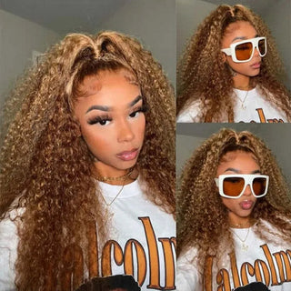 QVR Highlight Curly Wig Human Hair Wigs 13x4 Transparent Lace Front Wig Honey Blonde Color
