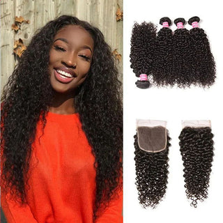 QVR Remy 4 Bundles Jerry Curl With 4X4 Lace Closure Kinky Curly Hair Natural Color