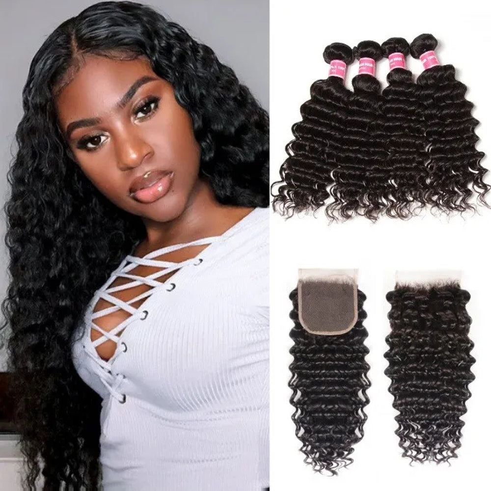 Queen Remy Human Hair Bundles Water Wave 4 Bundles With 4x4 Lace Closure