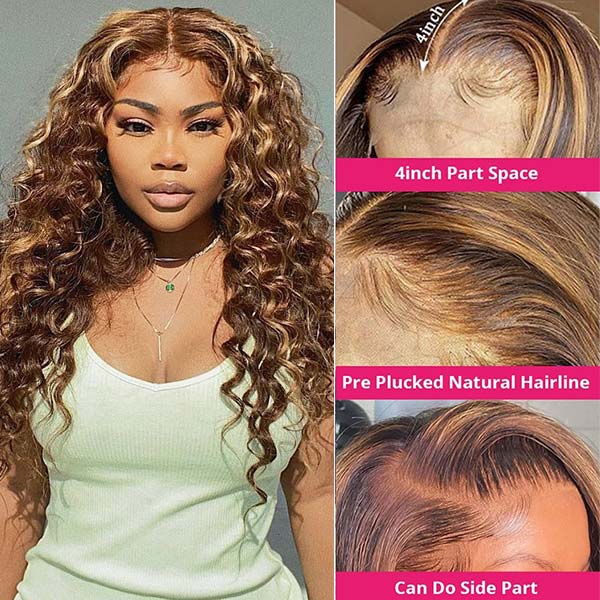 Highlight Wigs Loose Deep 4*4 Lace Closure Wigs Human Hair Wigs with Highlights HD Transparent Lace Wig