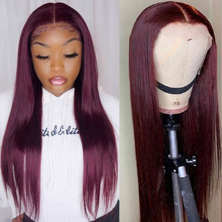QueenVirginRemy Colored Wigs 99J Straight 13x4 Lace Front Wigs Red Wine Color Virgin Human Hair Wigs 200% Density
