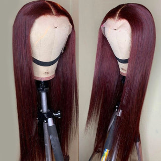 QueenVirginRemy Colored Wigs 99J Straight 13x4 Lace Front Wigs Red Wine Color Virgin Human Hair Wigs 200% Density
