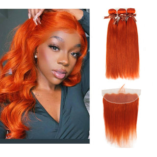 Orange Remy Human Hair Bundles with Frontal Closure Straight 3 Bundles with 13*4 Lace Frontal Ginger Color Straight Hair