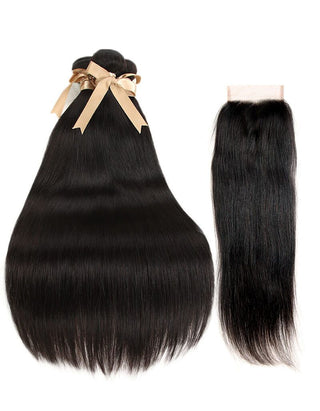 QVR Queen Remy 3 Bundles Straight With 4x4 Lace Closure