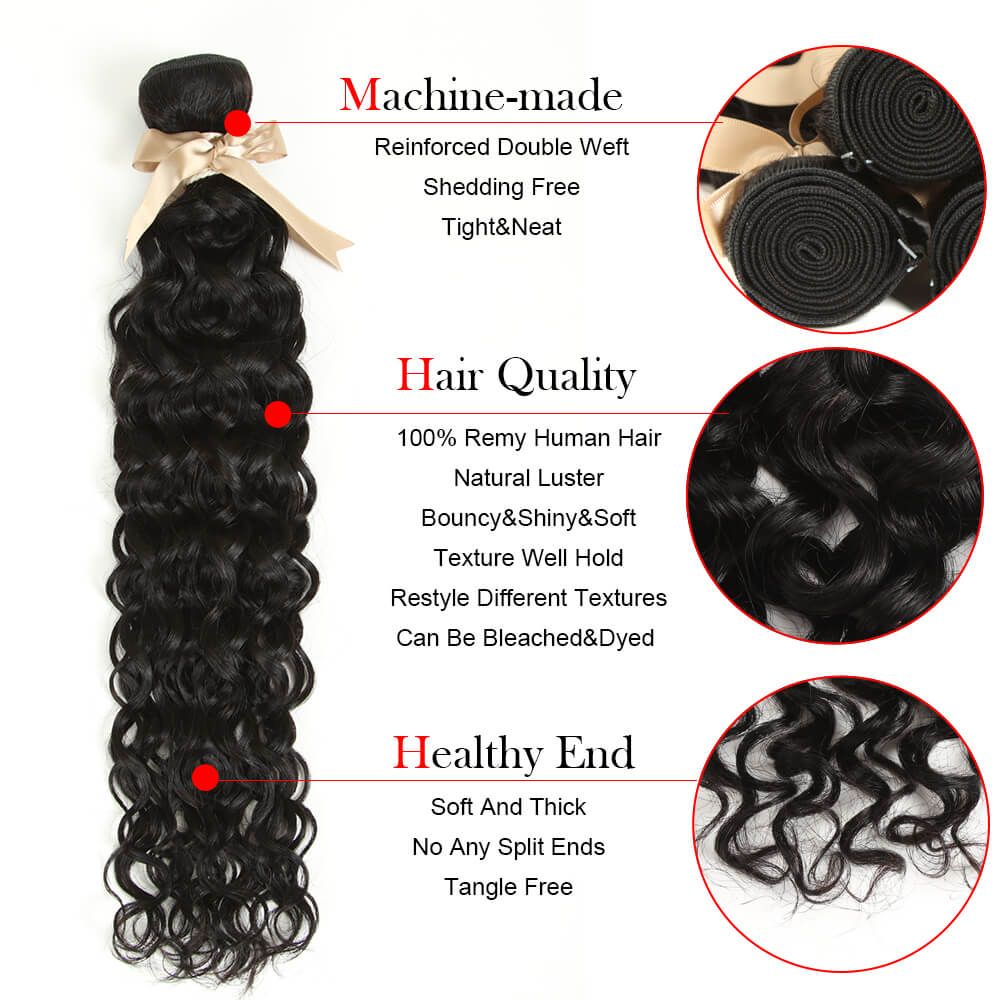 QVR Queen Remy 3 Bundles Natural Black Water Wave With 4x4 Lace Closure