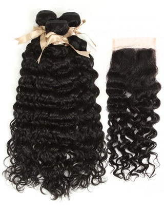 QVR Queen Remy 3 Bundles Natural Black Water Wave With 4x4 Lace Closure