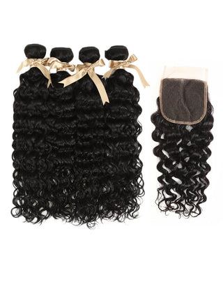 Queen Remy Water Wave 4 Bundles With 4x4 Lace Closure
