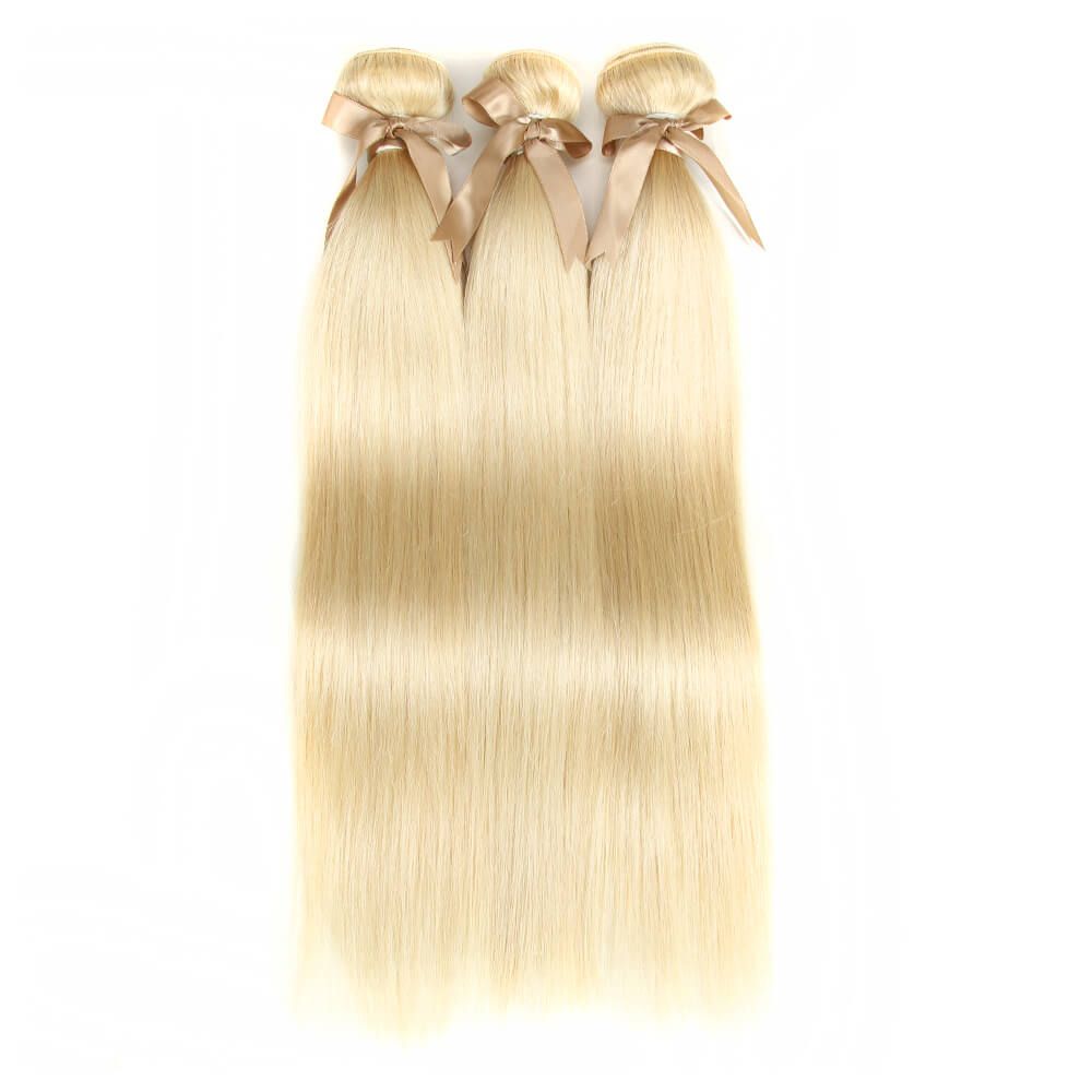 QVR Queen Remy Blonde Straight Hair 3 Bundles With 4x4 Lace Closure