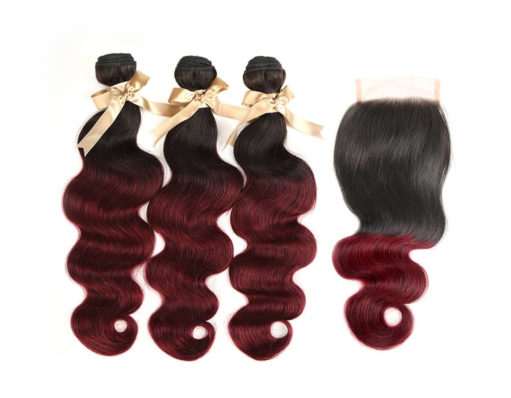 QVR Remy Body Wave Human Hair Bundles With Closure 1B Burgundy Remy Peruvian Dyed Omber 3 Bundles With Frontal 4x4 Brazilian Human Hair