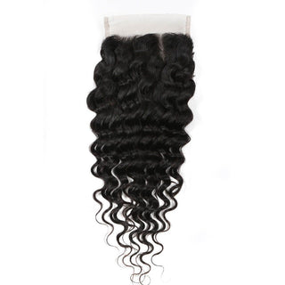 QVR Queen Remy 4 Bundles With Closure Deep Wave With 4x4 Lace Closure Natural Black