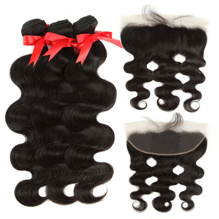 QVR Virgin Human Hair Body Wave 3 Bundles with 13*4 Lace Frontal Closure