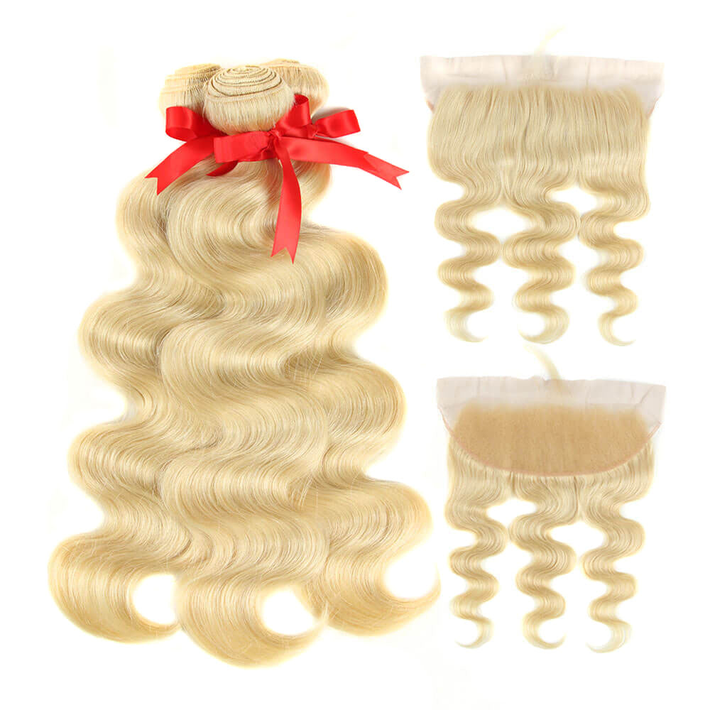 QVR Virgin Human Hair Blonde Body Wave 3 Bundles With 13*4 Lace Frontal