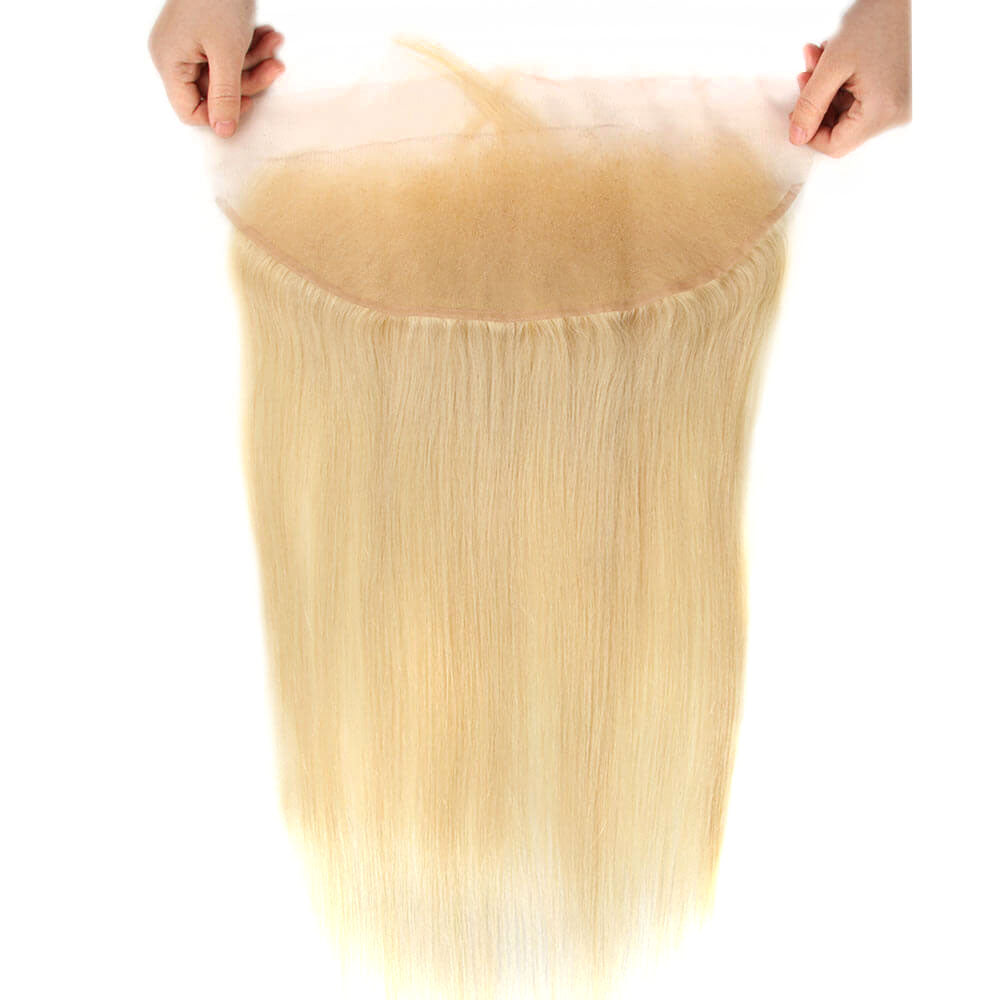 QVR Virgin Human Hair Blonde Straight 3 Bundles With 13*4 Lace Frontal