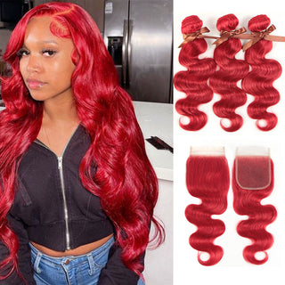 QVR Red Color Brazilian Body Wave Bundles With Closure Remy Hair Weave Bunldes Hair Extension For Black Women