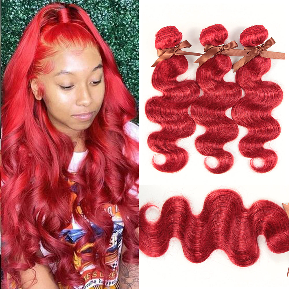 Queen Remy Human Hair 3 Bundles Body Wave Hair Red Color