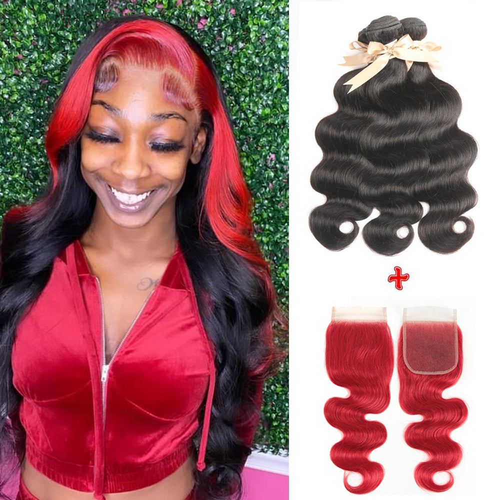 Skunk Stripe Cheveux Humains 3 Bundles avec Fermeture Fermeture Rouge Et Bundles de Cheveux Noirs Style Vierge Armure de Cheveux Humains
