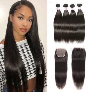 QVR Remy Human Hair Straight Hair 4 Bundles With 4x4 Lace Closure Natural Color