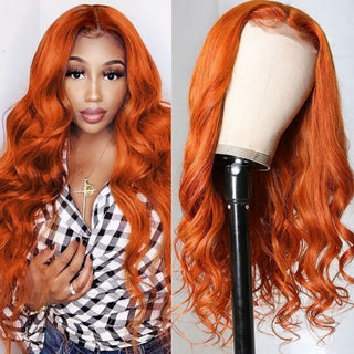 Queen Virgin Remy Ginger Orange Body Wave 4 X4 Lae Closure Human Hair Fake Scalp Middle Part Lace Part Wig for Black Women, 100% Brazilian Virgin Hair Pre Plucked with Baby Hair 200% Density