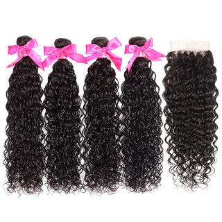 Queen Remy Human Hair Bundles Water Wave 4 Bundles With 4x4 Lace Closure
