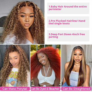QVR Highlight Curly Wig Human Hair Wigs 13x4 Transparent Lace Front Wig Honey Blonde Color